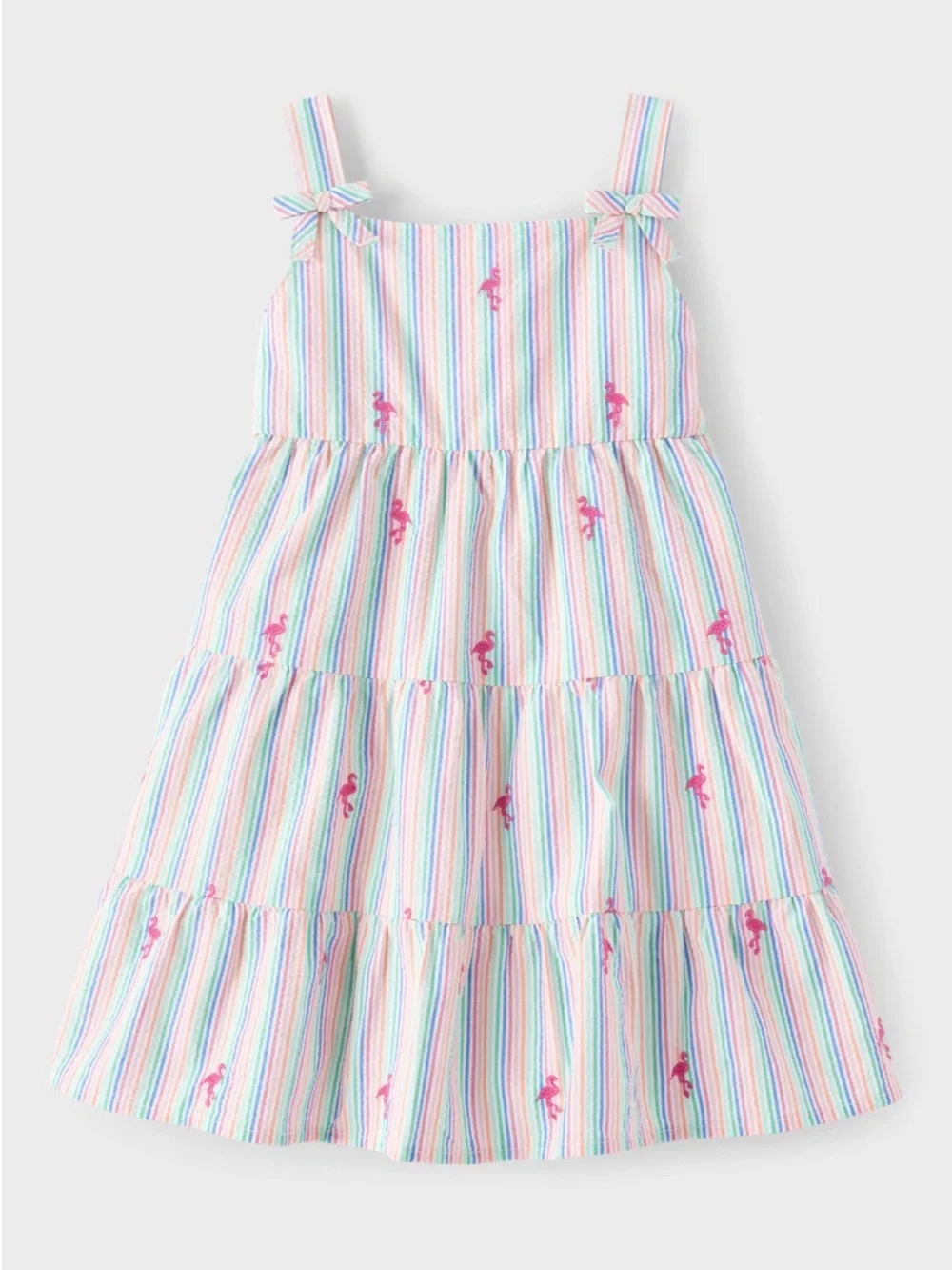 Gymboree Seaside Palms Embroidered Flamingo Seersucker Tiered Dress, Size 10